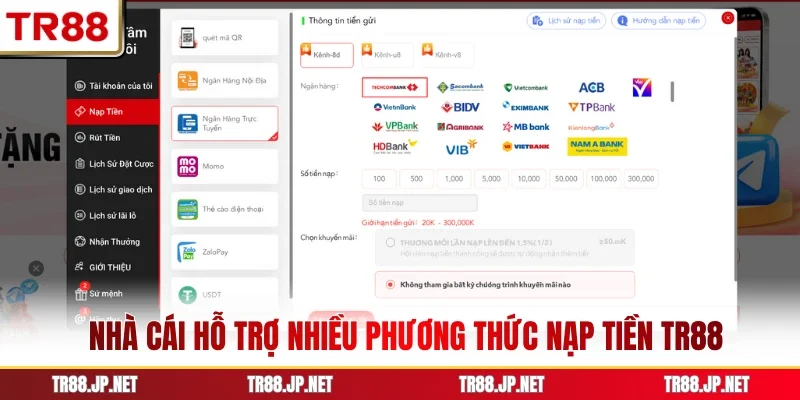 Nhà cái hỗ trợ nhiều phương thức nạp tiền TR88